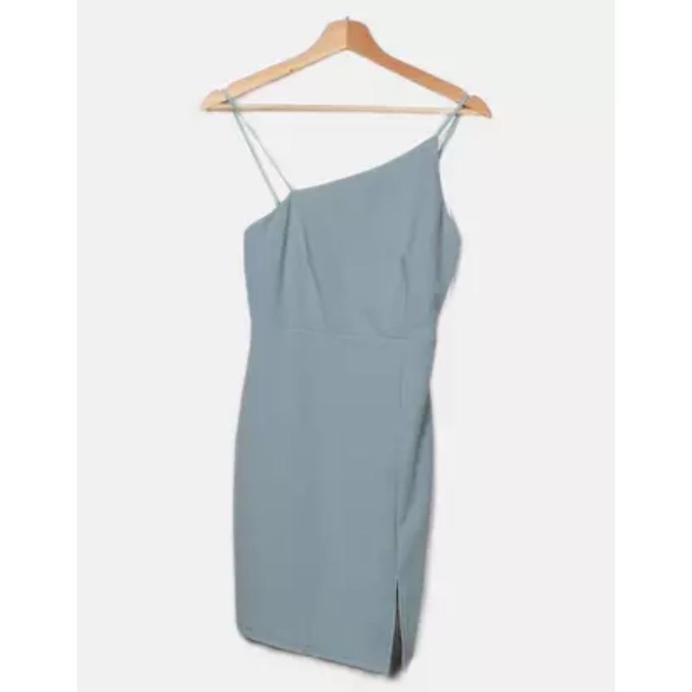 Hello Molly One Shoulder Mini Dress Teal Green Spaghetti Strap Slit Size XS